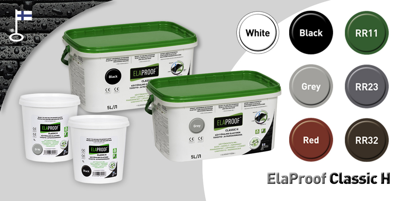 Elaproof Classic H käsimassa, tiivistys- ja paikkausmassa ulkokäyttöön. Pakkauskoko: 5 ja 1 litraa.